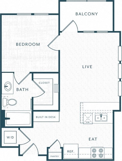 Floor plan for 1 bed, 1 bath, 587 sqft